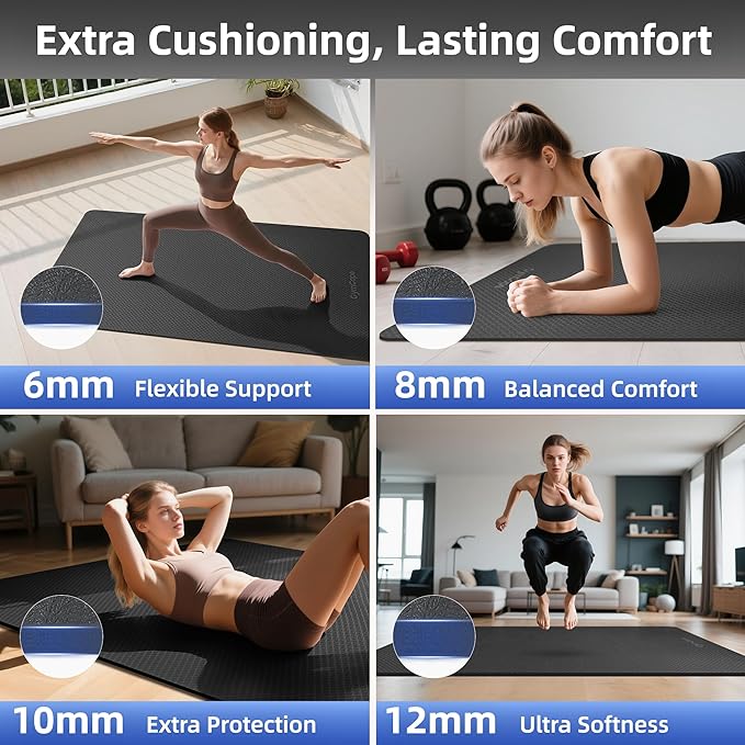 Thick TPE Yoga Mat 72"x48" - 6/8/10/12mm Extra Cushion for Joint Support & Comfort, Non-Slip Texture, Durable & Waterproof, Includes Bag, Strap & Towel for Home Workout, Pilates & Yoga