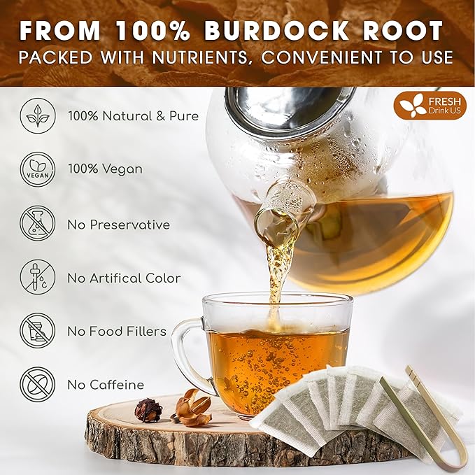 FreshDrinkUS Premium Burdock Root Tea Bags, 100% Natural & Pure. Burdock Herbal Tea, Made with Natural Material Tea Bags. No Sugar, No Caffeine, No Gluten, Vegan - Bloomnest