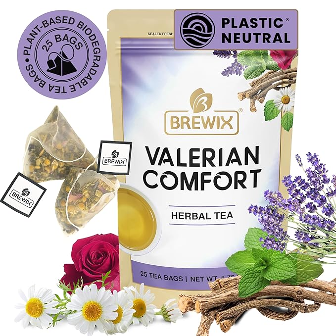 BREWIX, Valerian Comfort Tea for Sleep and Relaxation (25 Pyramid Bags) Caffeine-Free and Calming for Bedtime | Valerian Root, Chamomile & Lavender | Perfect Wellness Sleep - Bloomnest