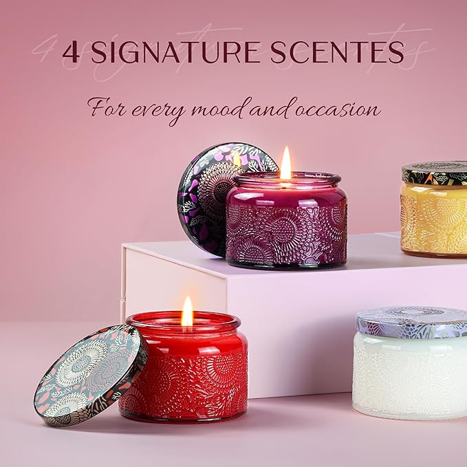 NORVENCE Candles for Women, Scented Candle Gift Set of 4, Scented Candles for Home, Birthday and Christmas Candle Gifts for Women (Vanilla, Lavender, Cinnamon, Jasmine, 14.4 oz) - Bloomnest