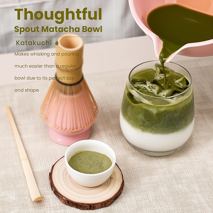 Matcha Whisk Set, Handcrafted Bamboo Chasen & Ceramic Bowl Matcha Kit,Complete 5 Pcs Pink Matcha Set Whisk and Bowl W/Stainless Steel Sifter,Bamboo Scoop & Holder for Matcha Tea Ceremony(Sakura Pink) - Bloomnest