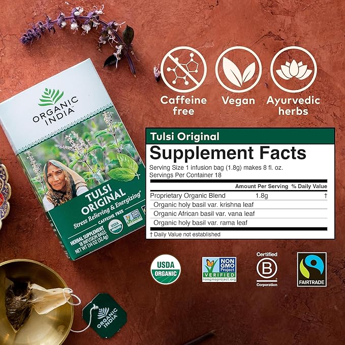 ORGANIC INDIA Tulsi Original Herbal Tea - Holy Basil and African Basil Calming and Stress Relief Tea, Immune Support, USDA Certified Organic, Non-GMO, Caffeine-Free - 18 Infusion Bags, 3 Pack - Bloomnest