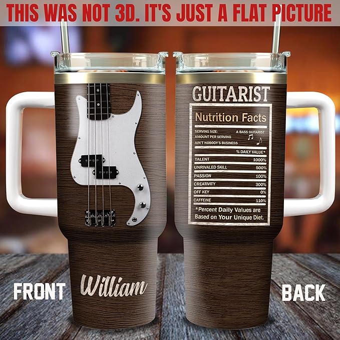WAZONE Personalized Bass Guitar Tumbler 40oz with Handle and Straw Custom Name Guitarist Nutrition Facts Travel Mug Vacuum Tumblers Gifts Ideas For Men Band Musician Acoustic Music Teacher - Bloomnest
