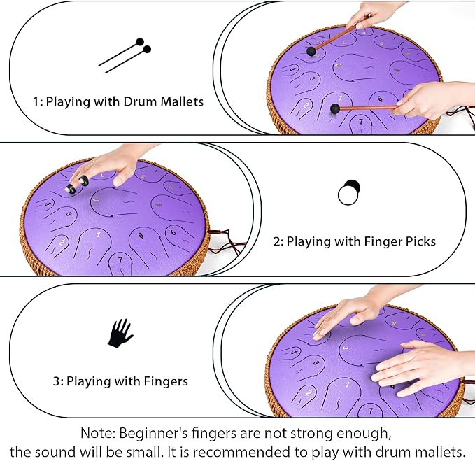 Steel Tongue Drum - 14 Inch 15 Note Tongue Drum - Hand Pan Drum with Music Book, Handpan Mallets and Carry Bag, C Major, Purple - Bloomnest