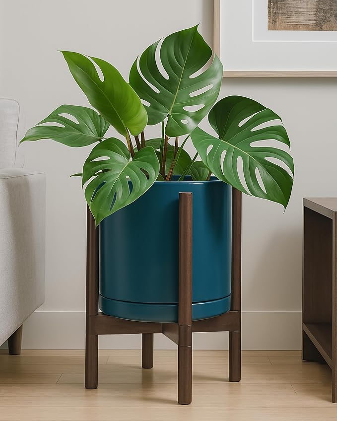 D'vine Dev Ceramic Planter with Walnut Color Stand - 12 Inch Modern Round Flower Pot with Wood Planter Holder, Teal, 55-B-W-4 - Bloomnest