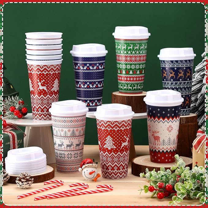 Pickmesh 12 Pack Christmas Coffee Cups Gifts Bulk 16 oz Reusable Coffee Cup Tumblers with Lid Plastic Cups Travel Mug Thank You Gifts for Women Coworkers Holiday Drinks - Bloomnest