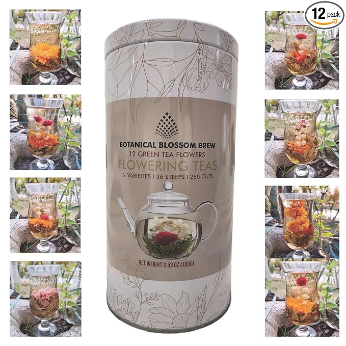 Botanical Flowering Gourmet Tea - 12 Unique Varieties of Fresh Blooming Tea Flowers - Hand-Tied Natural Herbal Tea Leaves & Edible Flowers - 12-Pack Gift Canister - 36 Steeps, Makes 250 Cups - Bloomnest