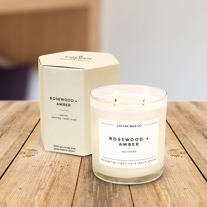 Calyan Wax Co. 2 Wick Candle, Rosewood + Amber Scented Candle, 37 Hour Burn Time, Aromatherapy Soy Candles, Non Toxic & Vegan Soy Wax, Glass Tumbler Scented Candles, 12.5oz - Bloomnest