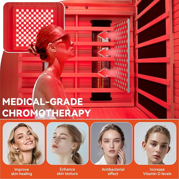 Full Spectrum Infrared Sauna, 2 Person Home Sauna with Red Light Therapy, 15 Minutes Pre-Warm up Indoor Dry Saunas with 2-in-1 Door Handle, 7 Color Light Belts, Canadian Hemlock, 110V BNEHSDirect