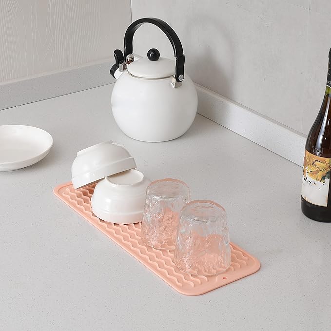 Silicone Dish Drying Mat for Multiple Usage,Easy clean,Eco-friendly,Heat-resistant Silicone Mat for Kitchen Counter,Sink,Bar,Bottle,or Cup Pink M 17 inches x 6 inches - Bloomnest