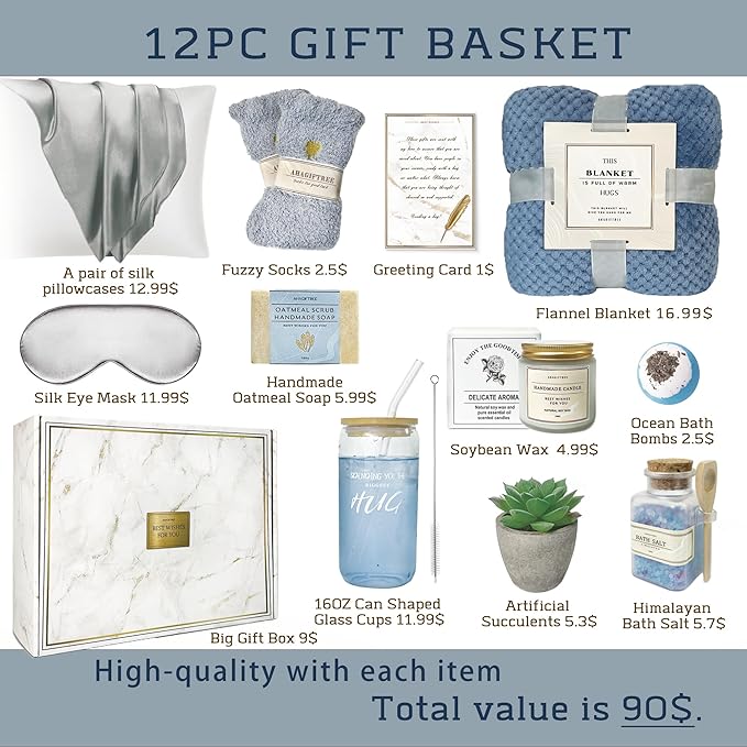 Get Well Soon Gift Baskets For Women,12PC Get Well Gifts for Women After Surgery,Birthday Gifts,Care Package,Grief,Sympathy,Condolences Gift Basket for Friend (navy blue) - Bloomnest