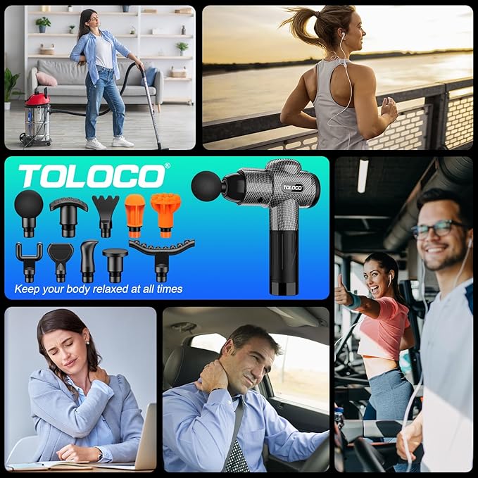 TOLOCO Massage Gun, Deep Tissue Back Massage for Athletes for Pain Relief, Percussion Massager with 10 Massages Heads & Silent Brushless Motor, Carbon - Bloomnest