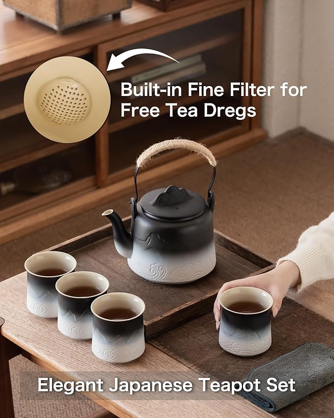 ZENS Vintage Japanese Tea Set, 33.8 oz Gradient Embossed Ceramic Japanese Teapot with Built-in Strainer for Tea Steeper, Hemp Rope Handle Loose Leaf Tea Pot with 4 Cups for Tea Party, Black & White - Bloomnest