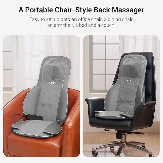 Mynt 2D & 3D Shiatsu Neck and Back Massager for Chair with 10 Deep Kneading Nodes, Adjustable Back Massage with Heat, Portable Massage Chair Pad (Gray) - Bloomnest