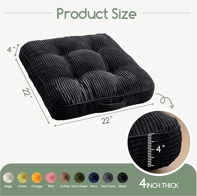 HIGOGOGO Washable Floor Pillow Cushion for Adults, Meditation Cushion Pillow, Large Square Floor Sitting, Removable Tufted Corduroy Cover, for Tatami Living Room or Yoga, 22x22 Inch, Machine Washable - Bloomnest