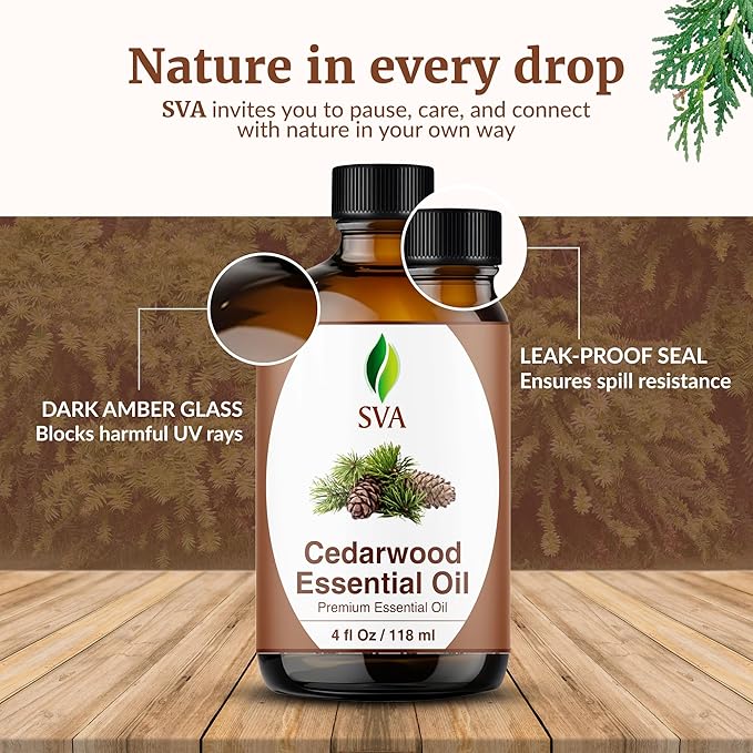 SVA Cedarwood Essential Oil – 4 Fl Oz – 100% Natural Cedar Cupressus Funebris Oil - for Diffuser, Hair Care, Face, Skin Care, Aromatherapy, Scalp and Body Massage, Soap and Candles - with Dropper - Bloomnest