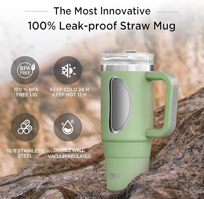 Tyeso 40 oz Tumbler with Handle, Straw and Lid - Leak Resistant Insulated Stainless Steel Water Bottle, Car Cup Holder Friendly Travel Coffee Mug Green - Gifts for Men & Women - Bloomnest