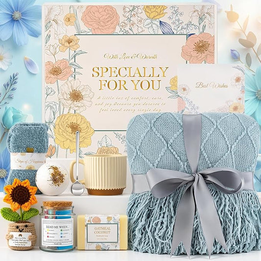 Get Well Soon Gifts Baskets for Women, Spa Self Care Gifts, Thinking of You Gift, Relaxing Sunflower Gift Basket for Her Friends Birthday Valentines Day Mothers Day Luxury Gifts, Blue - Bloomnest