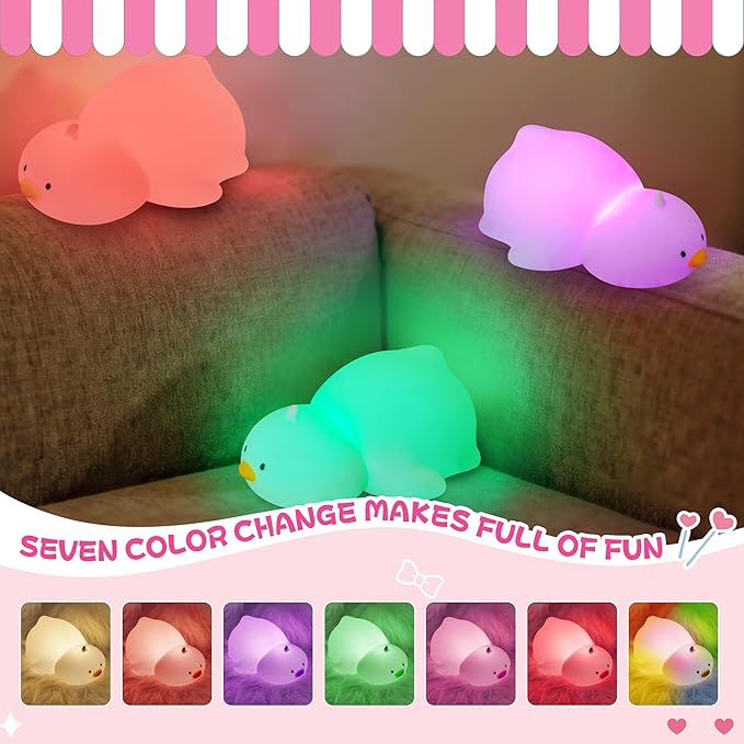 Night Light for Kids, Rechargeable Dimmable Silicone LED Nightlight with 7 Colors, Baby Nursery Night Lamp, Touch Squishy Lamp, Cute Gifts for Girls, Boys, Toddler Room Decor, Lying Duck - Bloomnest