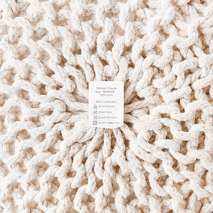 REDEARTH Round Pouf Ottoman –18"x18"x14" Hand-Knitted Cotton Pouffe –Cable Footstool –Boho Dori Hassock –Pre-Stuffed Poof – Extra Seat -Poofy Footrest for Living Room, Bedroom, Nursery, Nook –Ivory - Bloomnest