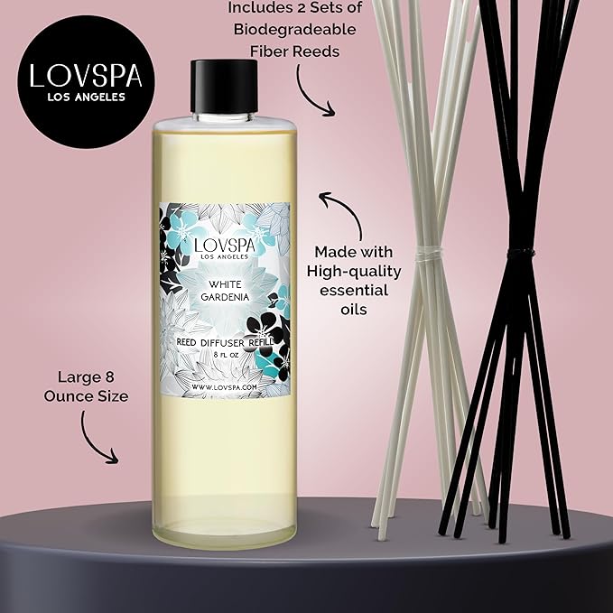 LOVSPA White Gardenia Diffuser Oil - Essential Oils for Diffuser Refill & Air Freshener Room Spray - Long-Lasting & Natural Home Fragrance, Scented Oil for Diffusers, USA Made, 8 oz - Bloomnest