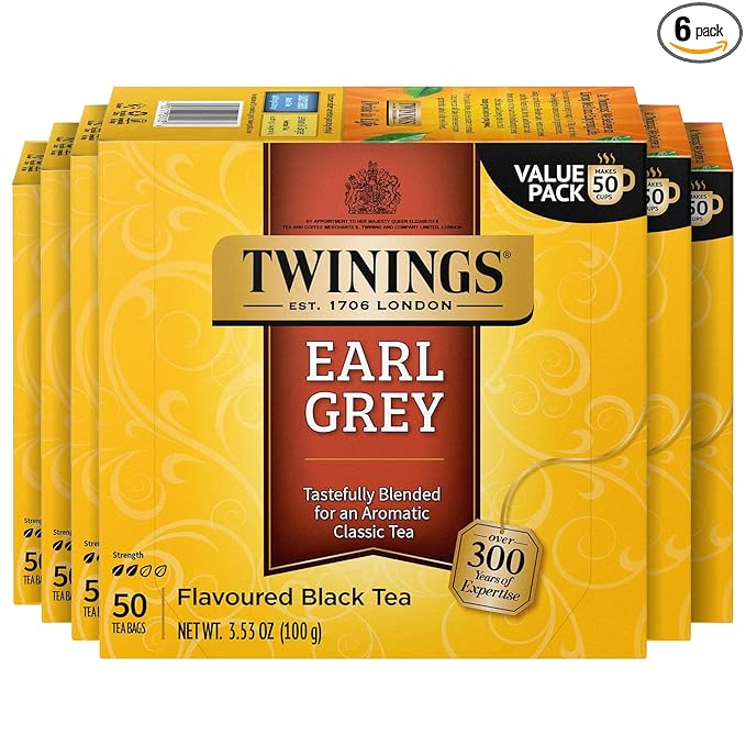 Twinings Earl Grey Black Tea Individually Wrapped Bags, 50 Count (Pack of 6), Flavoured with Citrus and Bergamot, Caffeinated, Enjoy Hot or Iced, 300 Teabags - Bloomnest
