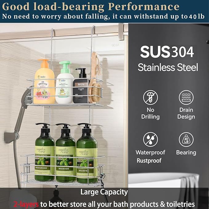 Hanging Shower Rack Shower Caddy with Rotatable Hook bar Over the Door and Can be Hung on the Faucet or Claw Foot, 304 Stainless Steel Rust Proof and Durable (Double-Layer) - Bloomnest