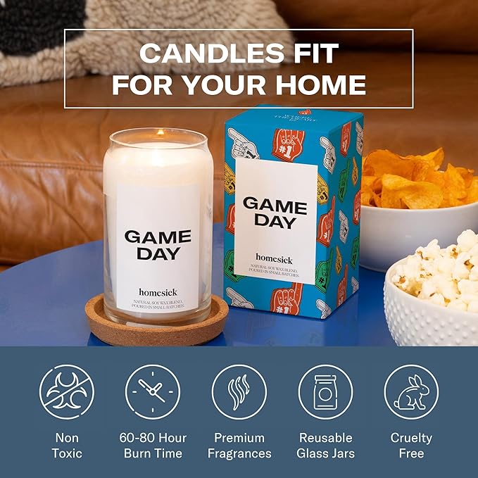 Homesick Scented Candles for Home (Game Day) - 13.75 oz Long-Lasting Soy Wax Blend Jar Candle Gifts for Women & Men, 60-80 Hours Burn Time - Notes of White Amber, Tonka Bean & Smoked Birch - Bloomnest