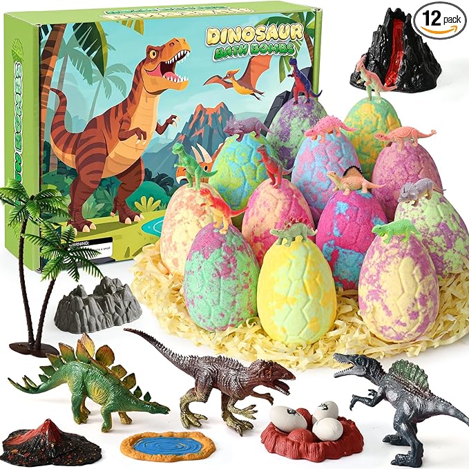 Golray Bath Bombs for Kids with Surprise Inside Dinosaur Toy, 12 Pack Dinosaur Eggs Bath Bombs Pretend Playset, Handmade Bubble Bath Fizzies Stocking Stuffers Birthday Christmas Gift for Boys - Bloomnest
