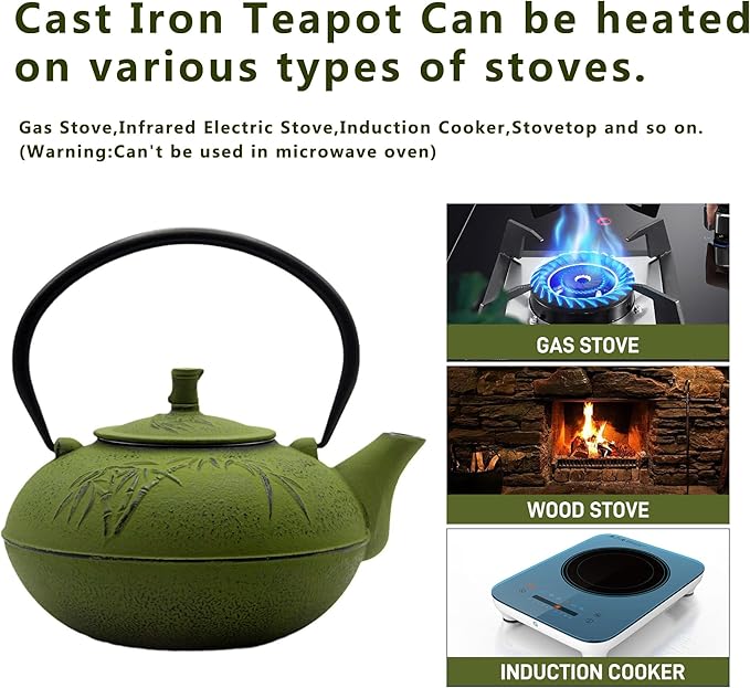 84.6oz/2500ml Large and Heavy Cast Iron Tea Kettle for 5 to 8 Cups, Teapot with Stainless Steel Infuser, Cast Iron Tea Pot for Stovetop Safe (2500ml Green Teapot with Bamboo Pattern) - Bloomnest