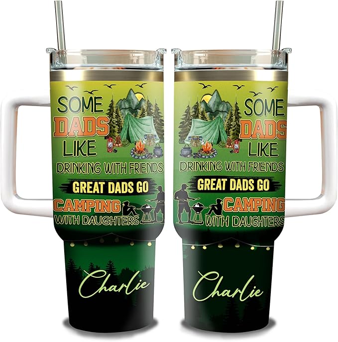 WAZONE Personalized Camping Dad Tumbler 40oz with Handle and Straw Great Dad Go Camping With Daughters Fathers Day Birthday Christmas Gifts for Fathers Grandpa from Daughter Son Kids - Bloomnest