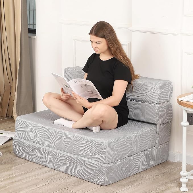 Tri Folding Sofa Mattress, High-Density Memory Foam Sofa Bed with a Fluffy Pillow, Futon Floor Couch Guest Bed, Twin Size, Grey - Bloomnest