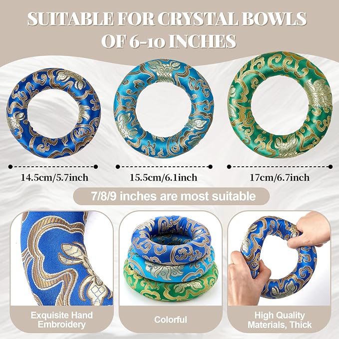 6 Pcs Singing Bowl Cushion Set 3 Silk Cloth O Ring with 3 Crystal Singing Bowl Mallet Include Solid and Hollow Stick Wood Handle Rubber Mallet for 7-9 Tibetan Sound Meditation - Bloomnest