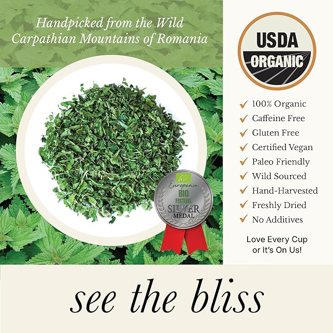 Wild Bliss Organic Wild Stinging Nettle Leaf Tea - Caffeine Free Loose Leaf Herbal Tea - 1.76 Oz - 25 Servings - Bloomnest
