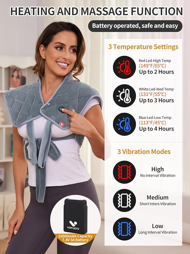 Vofuoti Heating Pad for Neck and Shoulders, Portable Cordless Heating Pad with Massager and Battery, Weighted Electric Heated Neck Shoulder Wrap, 16'' x 22'', 2.2lbs - Bloomnest