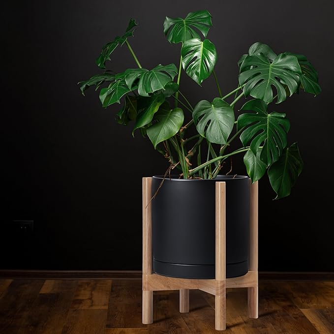 D'vine Dev Ceramic Planter with Natural Stand - 12 Inch Modern Round Flower Pot with Wood Planter Holder, Black, 55-B-J-2 - Bloomnest