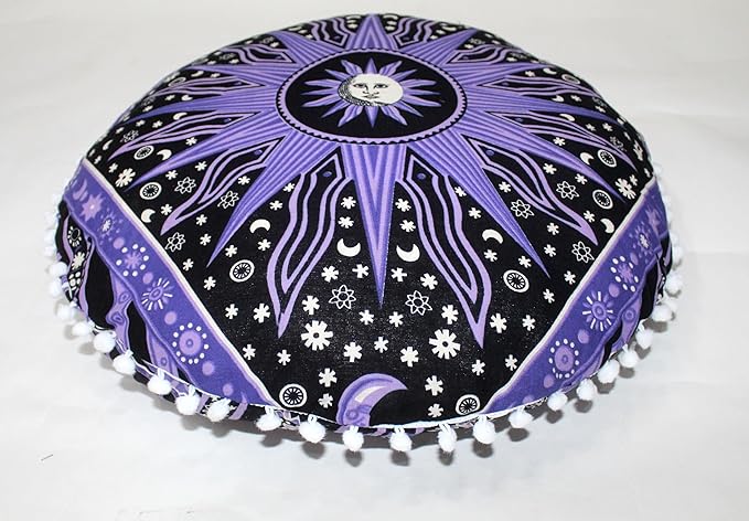 CRAFT KALA 22" Bohemian Floor Pillow Pouf Cover Mandala Boho Large Round Meditation Room Pillow Covers for Adults Seating Poufs Cushion Cover for Kids Playroom Purple Burning Sun - Bloomnest