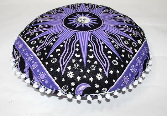 CRAFT KALA Large Round Bohemian Floor Pillow Pouf Cover Mandala Meditation Room Pillow Cover for Adults Boho Seating Poufs Cushion Cover for Kids Playroom 32" Round Purple Burning Sun - Bloomnest