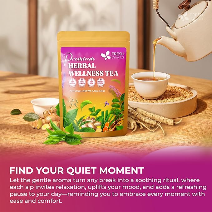 FreshDrinkUS, Premium Herbal Wellness Tea Bags | 75 Count | Blend of Sencha, Ginger, Fennel, Dandelion, Tulsi, Turmeric, Peppermint, Lavender, Lemongrass & Stevia – Herbal Tea. Vegan - Bloomnest