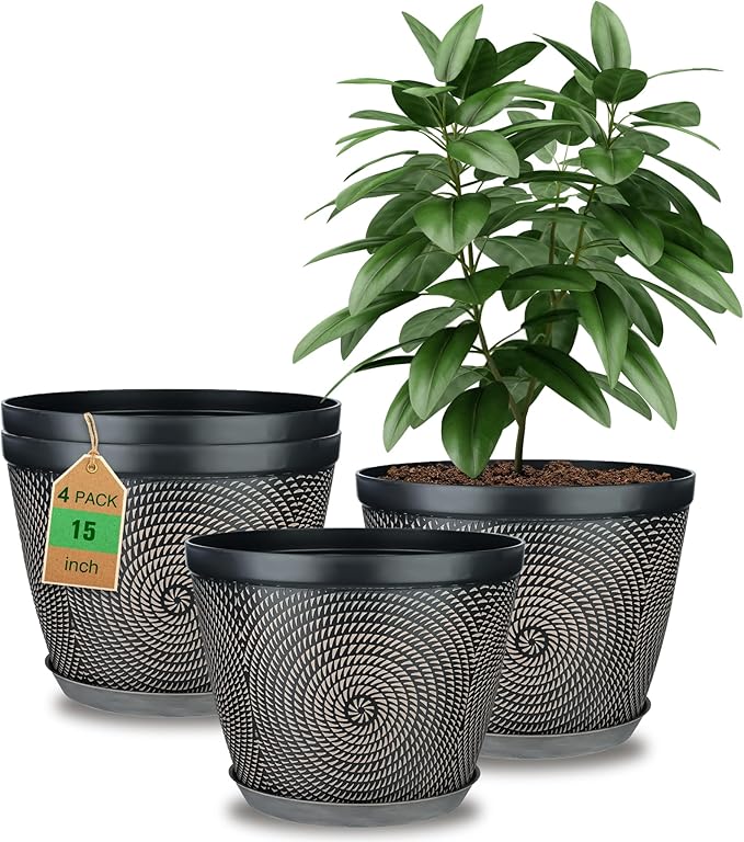 Quarut 15 Inch 4 Pack Large Plant Pots, Plastic Flower Pot for Indoor & Outdoor with Drainage Holes & Saucer, Circle Pattern Planters Garden Pots for Herbs - Bloomnest