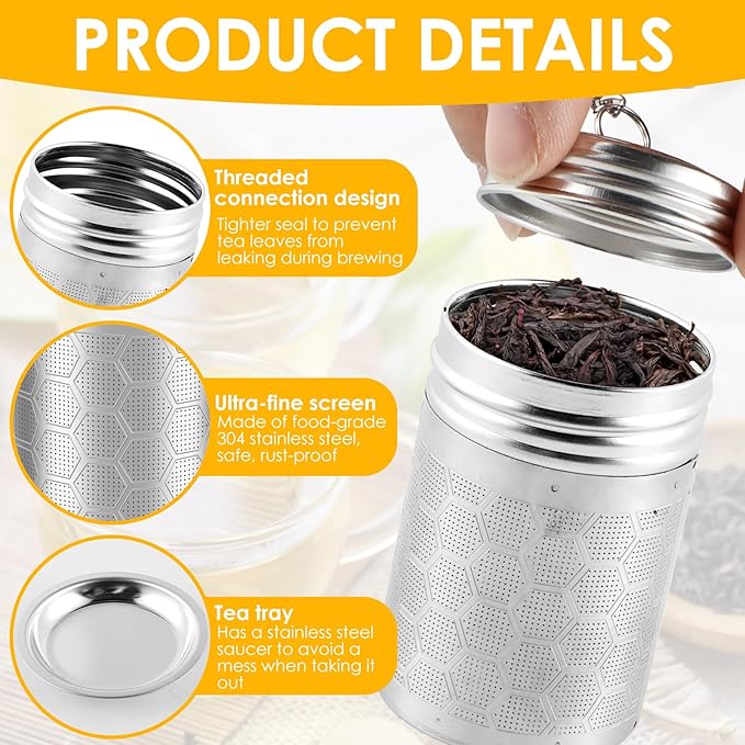 2PCS Tea Infuser Strainers with Drip Tray 304 Stainless Steel Tea Filter Strainer with Chain Hook Fine Mesh Tea Infuser Steeper Reusable Tea Strainers Easy to Use for Loose Tea Mulling Spices