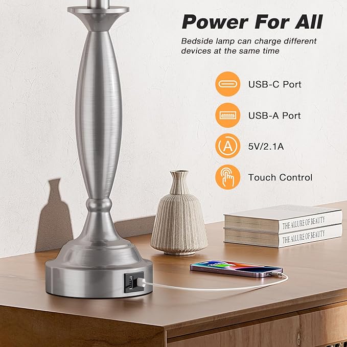 Lamps for Bedrooms Set of 2 - Touch Bedside Lamp with USB C+A, 3 Way Dimmable Nightstand Lamps with USB Port, Brushed Nickel Table Lamp for Living Room Guest Room Bed Side End Table(Mottled Gray) - Bloomnest