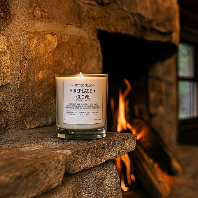 Outdoor Fellow Fireplace and Clove Scented Candle, 8oz, Coconut & Apricot Wax Blend, Bergamot, Clove Buds, Cedarwood, Reusable Glass, 40-50 Hour Burn Time - Bloomnest
