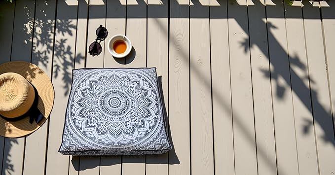 INDIAN CRAFT CASTLE ICC 24" Grey Ombre Mandala Barmeri Large Floor Pillow Cover Cushion Meditation Seating Ottoman Throw Cover Hippie Decorative Zipped Bohemian Pouf Ottoman Pom Pom Cases 24" Square - Bloomnest