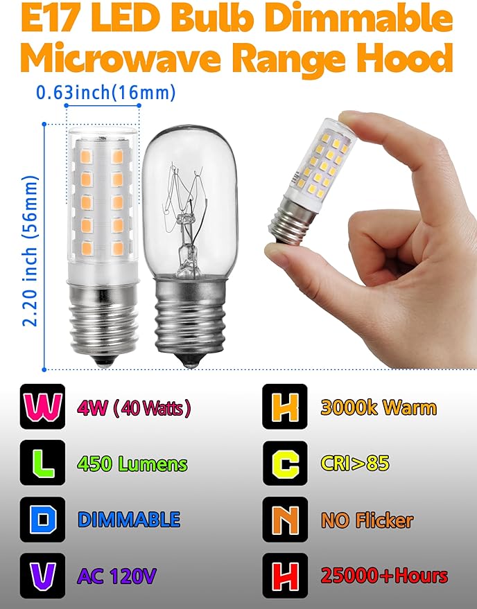 E17 LED Dimmable Under Hood Microwave Bulb 40W Equivalent, 8206232A T7 Intermediate Base Warm White 3000K, 125v 4W 450LM Microwave Oven Stove Range Hood Appliance Light Bulb 2Pack - Bloomnest