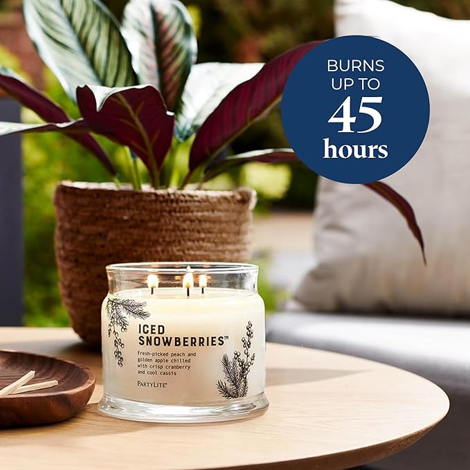PartyLite Iced Snowberries Scented, Notes of Apple, Cassis, Cranberry, Peach, Strawberry, Berry, Vanilla & Musk,13.2oz 3-Wick Jar Candle, 45 Hour Burn Time, Luxurious Fragrance, Perfect for Gifting - Bloomnest