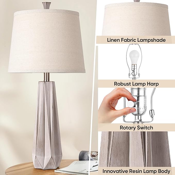 WIHTU 3 Color Temperature Table Lamps Set of 2, Beside Lamp with Linen Shade, 27'' Light Wood Color Modern Table Lamp for Living Room, Resin Desk Lamp for Nightstands Bedroom Decor (2 Bulbs Included) - Bloomnest