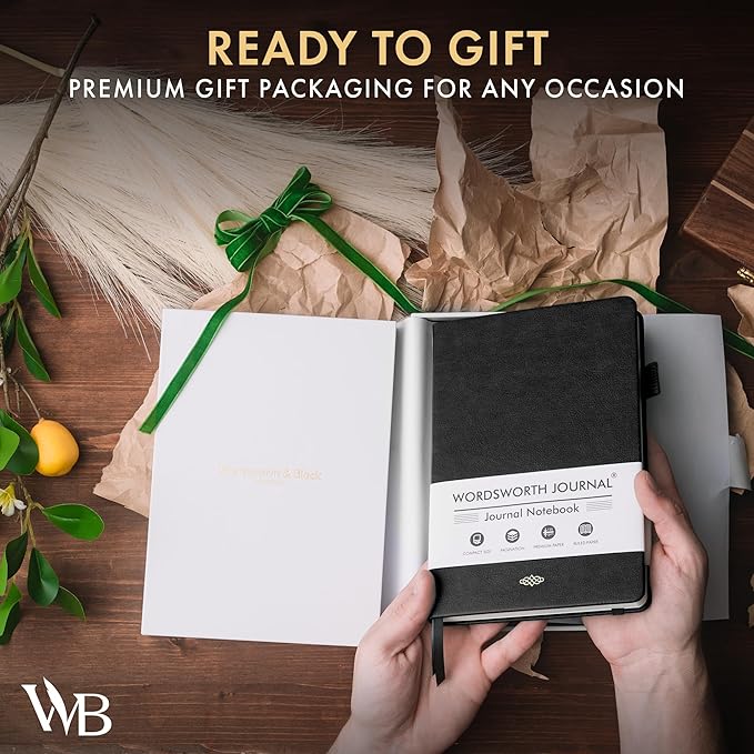 Wordsworth & Black A5 Lined Journal 216 Lined Pages, Hardcover Leather, 120 GSM Paper, Journaling Notebook for Work & Sketching, Journals for Women, Men - Gifts Box Included Black - Bloomnest