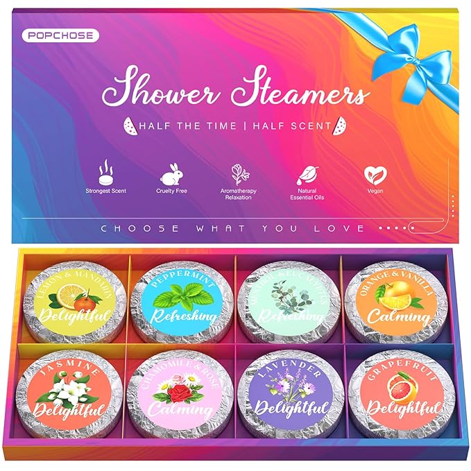 POPCHOSE Christmas Gifts for Women - Shower Steamers Aromatherapy 8 Pack with Gift Box, Self Care Spa Gifts for Mom, Men, Dad, and Teens - Relaxing Stocking Stuffers for Thanksgiving, Birthday - Bloomnest