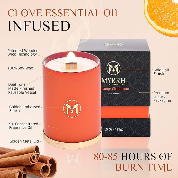 MyrrhUSA Orange Cinnamon Scented Candle – 15oz Natural Soy Wax with Crackling Wooden Wick & Essential Oil | 80 Hour Burn | Luxury Aromatherapy Candle for Relaxation, Home Décor, Living Room & Bathroom - Bloomnest